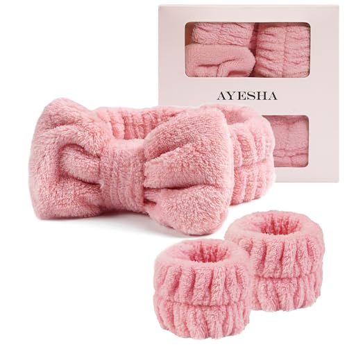 Ayesha Spa Headband and Wristband Set for Skincare Washing Face,Makeup Headband Wrist Cuffs for Preppy Skincare Women Girl (Pink set) - Image 1