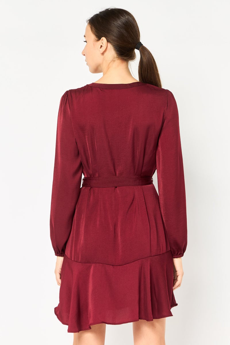 GAP Women Solid Mini Belted Dress, Maroon - Image 4
