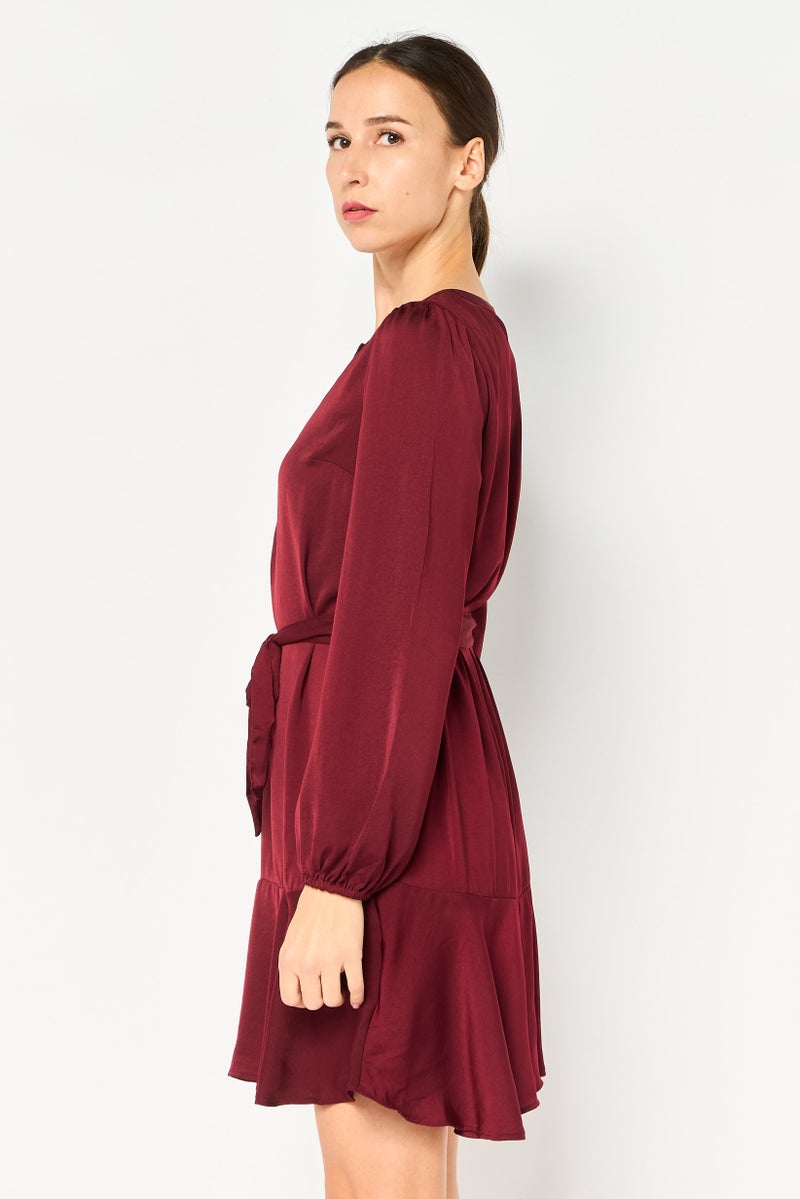 GAP Women Solid Mini Belted Dress, Maroon - Image 3