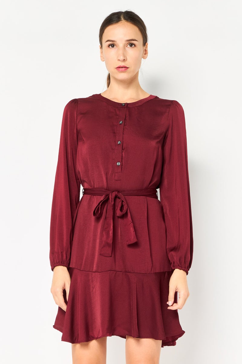 GAP Women Solid Mini Belted Dress, Maroon - Image 1
