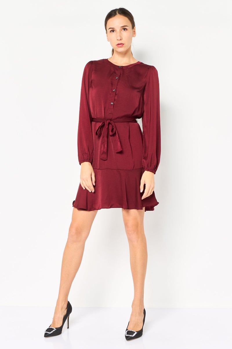 GAP Women Solid Mini Belted Dress, Maroon - Image 2