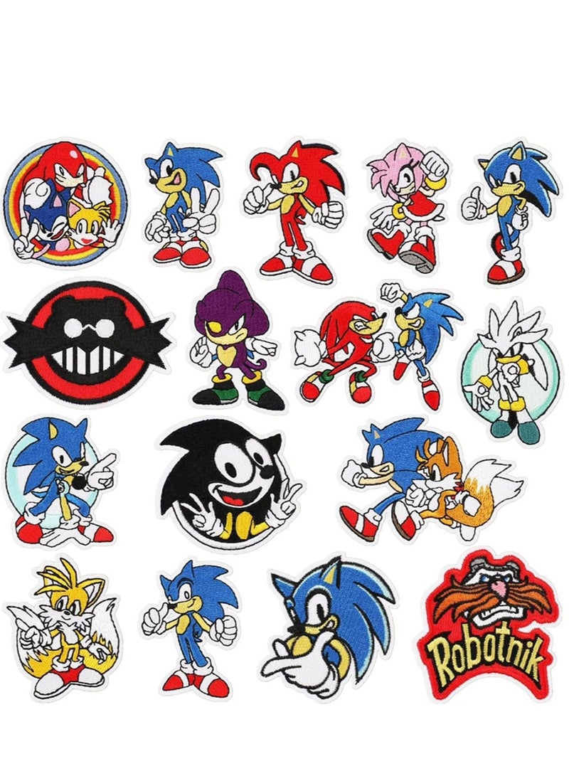Iron on Patches, 16 Pieces Embroidered Applique Sonic Patches,Sew On Iron on Patches Fabric Repair Patches Cartoon Sonic Patches for Kids Adult Clothes Jeans Jackets Hats Shoes Backpacks  - Image 1