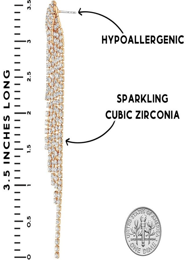 هامبل شيك نيويورك أقراط هامبل شيك مرصعة بالألماس الصناعي - أقراط متدلية رائعة بتصميم شلال مزين بشرابة من الزركونيا المكعبة، مطلية بالذهب - Image 4