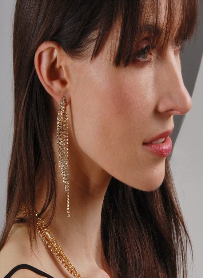 هامبل شيك نيويورك أقراط هامبل شيك مرصعة بالألماس الصناعي - أقراط متدلية رائعة بتصميم شلال مزين بشرابة من الزركونيا المكعبة، مطلية بالذهب - Image 5