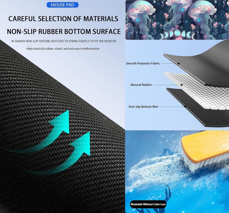 DCJJM Anime Jellyfish Desk Mat Neon Blue XL Large Extended Gaming Mouse Pad Cute Ocean Moon Mats Computer Laptop Keyboard Mouse Mat Desk Pad 31.5x11.8 in, Desktop Protector for Women with Stitched Edges - Image 4