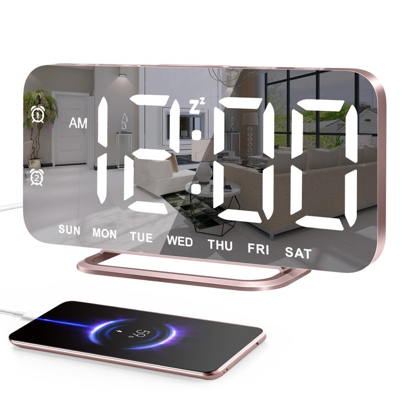 جال سطح مرآة منبه رقمي نحيف LED للمكياج مع شاشة عرض كبيرة خافتة، إعداد سهل، منافذ USB، ديكور حديث لغرفة النوم، مكتب، عيد الميلاد، فكرة هدية للنساء، الأخت، الأم، الوردي - Image 1