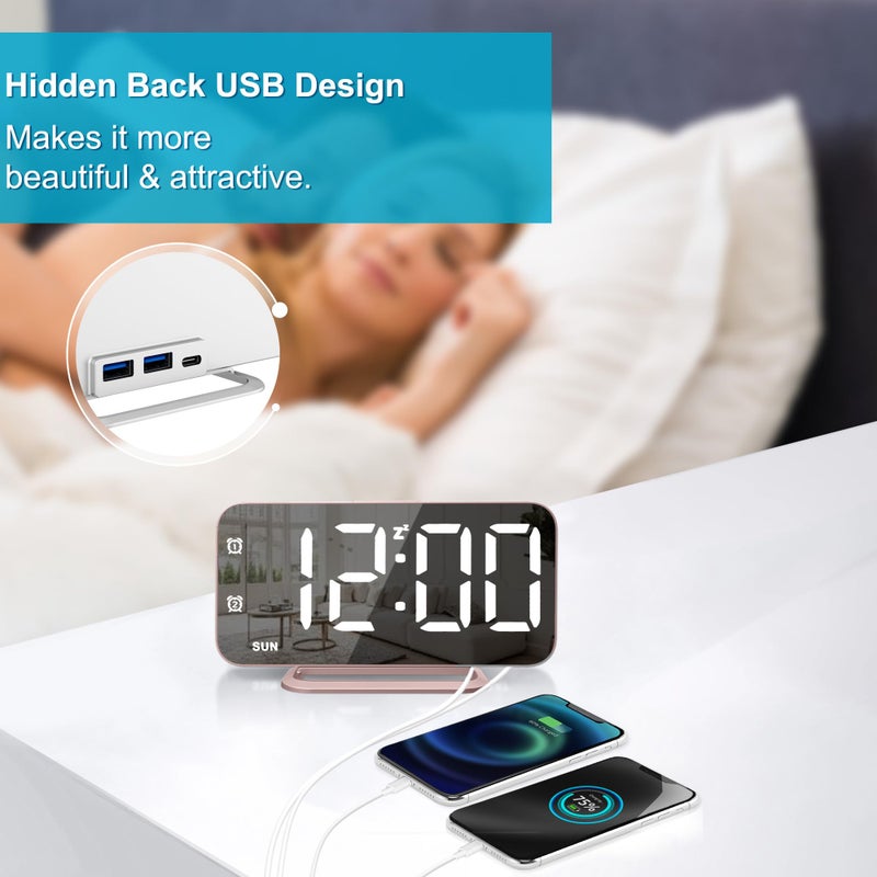 جال سطح مرآة منبه رقمي نحيف LED للمكياج مع شاشة عرض كبيرة خافتة، إعداد سهل، منافذ USB، ديكور حديث لغرفة النوم، مكتب، عيد الميلاد، فكرة هدية للنساء، الأخت، الأم، الوردي - Image 4