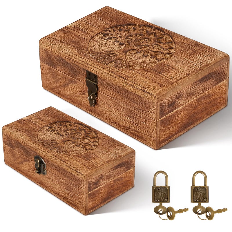 Vicenpal 2 Wooden Tree Keepsake Boxes with Lock 8x5x32 Inch 7x37x28 Inch Handmade Decorative Wooden Box Treasure Chest Box Gift Ideas for Men Women Jewelry Rings Storage - Image 2