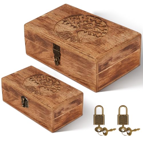 Vicenpal 2 Wooden Tree Keepsake Boxes with Lock 8x5x32 Inch 7x37x28 Inch Handmade Decorative Wooden Box Treasure Chest Box Gift Ideas for Men Women Jewelry Rings Storage - Image 1
