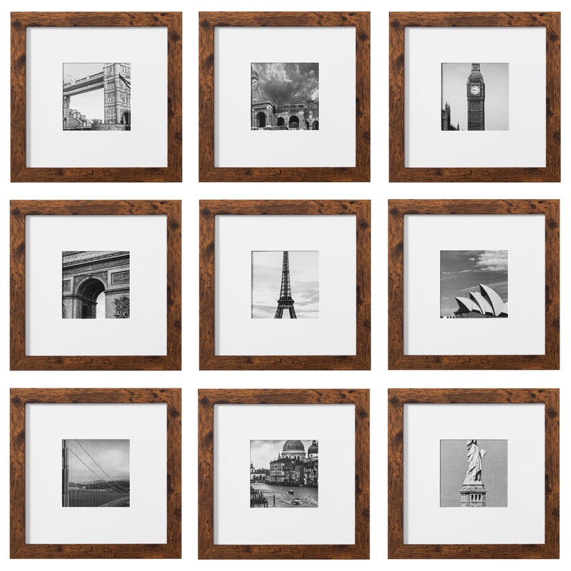 eletecpro 8x8 Picture Frames Set of 9 Classic Gallery Wall Frame Set Displays 4x4 Photo with Mat or 8x8 without Mat Square Picture Frames Collage Wall Decor Rustic Brown Modern Home Decor for