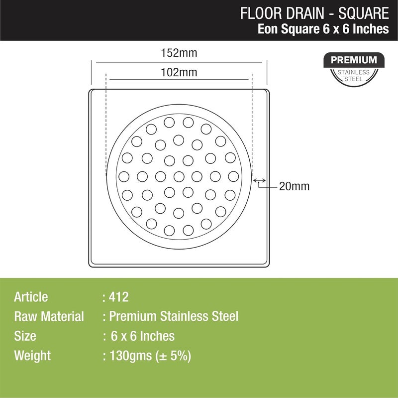 Lipka LIPKA Eon Square Floor Drain Premium Stainless Steel 6 x 6 Inches - Image 2