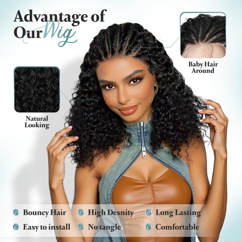 WIGNEE Short Curly Braided Wigs For Black Women 13x4 Lace Front Wig Black Color HD Lace With Baby Hair Half-Cornrows Half-Curly Box Braid Wig Premium Synthetic Hairï¼ˆBlackï¼Œ16 Inchï¼‰ - Image 4