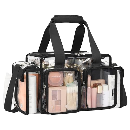 Relavel Clear Makeup Bag Professional Makeup Artist Kit Set Travel Cosmetic Organizer Case Transparent Stadium Approved Tote Bag Toiletry Lunch Duffle Work Shoulder Bag with Adjustable Dividers Black - Image 1
