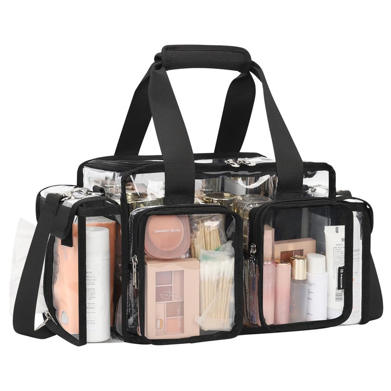 Relavel Clear Makeup Bag Professional Makeup Artist Kit Set Travel Cosmetic Organizer Case Transparent Stadium Approved Tote Bag Toiletry Lunch Duffle Work Shoulder Bag with Adjustable Dividers Black - Image 2
