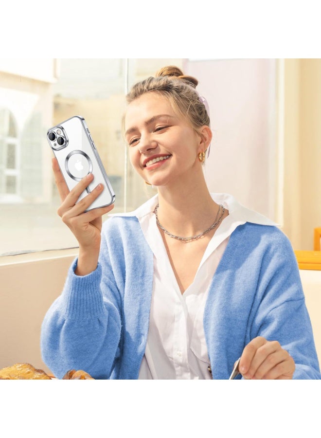 جراب مطلي بالكهرباء لهاتف iPhone 13 مع حماية كاملة لعدسة الكاميرا متوافق مع الشحن اللاسلكي MagSafe، غطاء مغناطيسي ناعم مقاوم للصدمات من مادة TPU لهاتف iPhone 13 (فضي) - Image 2