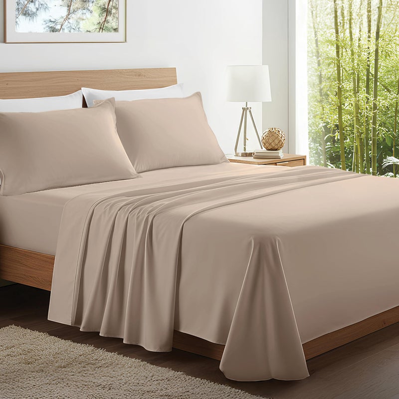 Kickoff Home Kickoff 100% Organically grown Viscose Bamboo 4-pc Bedding Sheet Set, King Size, Cooling & Breathable, Double Stitching, Flat & Fitted Sheets, Pillowcases Pillow Covers (King, Iced Latte) - Image 1