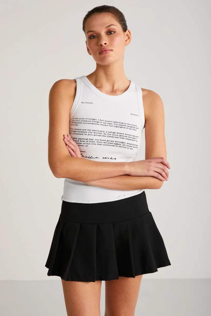 GRIMELANGE Calluna Women's Fitted Pattern Text Print Detail Sleeveless Knitted White T-shirt