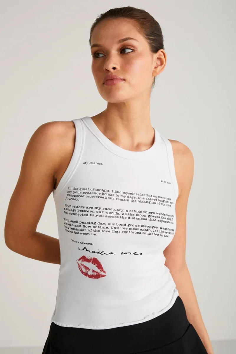 GRIMELANGE Calluna Women's Fitted Pattern Text Print Detail Sleeveless Knitted White T-shirt