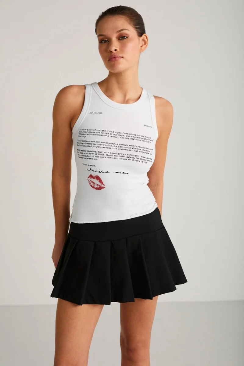 GRIMELANGE Calluna Women's Fitted Pattern Text Print Detail Sleeveless Knitted White T-shirt
