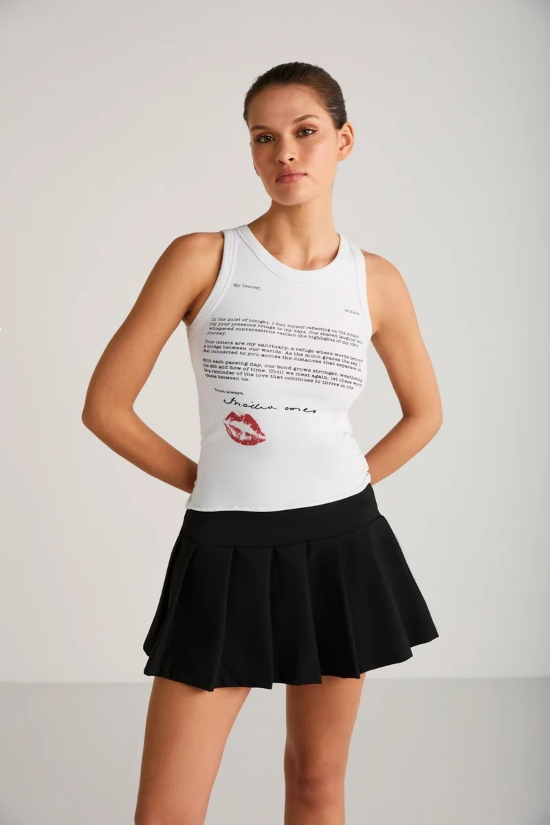 GRIMELANGE Calluna Women's Fitted Pattern Text Print Detail Sleeveless Knitted White T-shirt