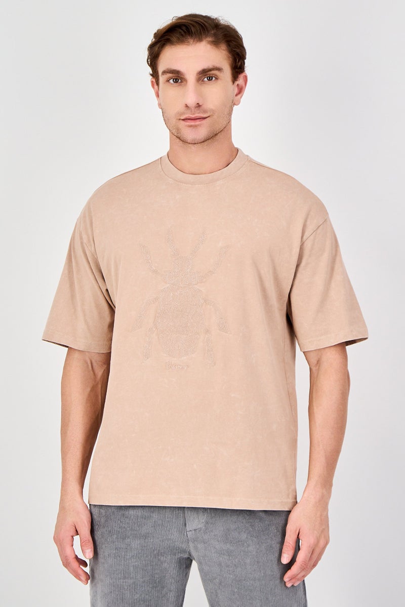 Ketch Men Crew Neck Short Sleeve Embroidered T-Shirt, Tan - Image 1