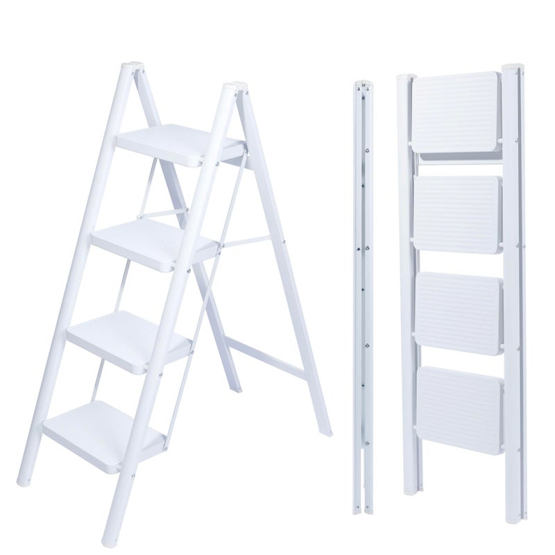 UZIRO Foldable Ladder 4 Steps, Decorative Ladders, Wide Non-Slip Steps, Ideal for Home, Kitchen and Office Use, Easy to Store and Transport, Durable (White, 4 Steps) - Image 1