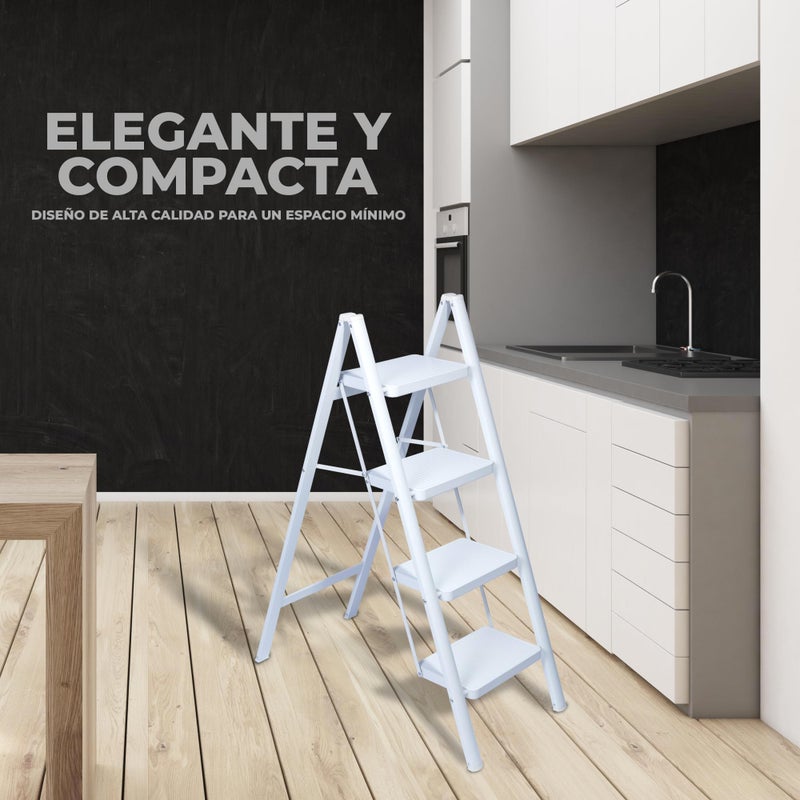 UZIRO Foldable Ladder 4 Steps, Decorative Ladders, Wide Non-Slip Steps, Ideal for Home, Kitchen and Office Use, Easy to Store and Transport, Durable (White, 4 Steps) - Image 5