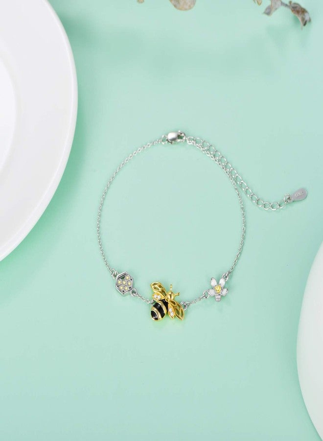 LONAGO 925 Sterling Silver Bumblebee Queen Honey Bee Honeycomb Sunflower Bracelet Daisy Jewelry Adjustable Link Chain Gift for Women Mom - Image 4