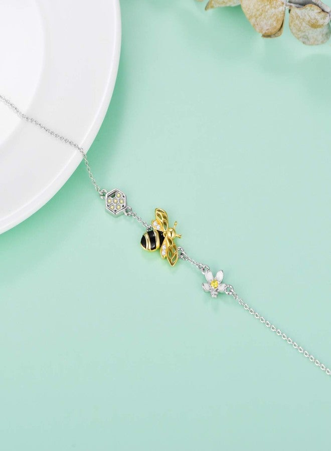LONAGO 925 Sterling Silver Bumblebee Queen Honey Bee Honeycomb Sunflower Bracelet Daisy Jewelry Adjustable Link Chain Gift for Women Mom - Image 3