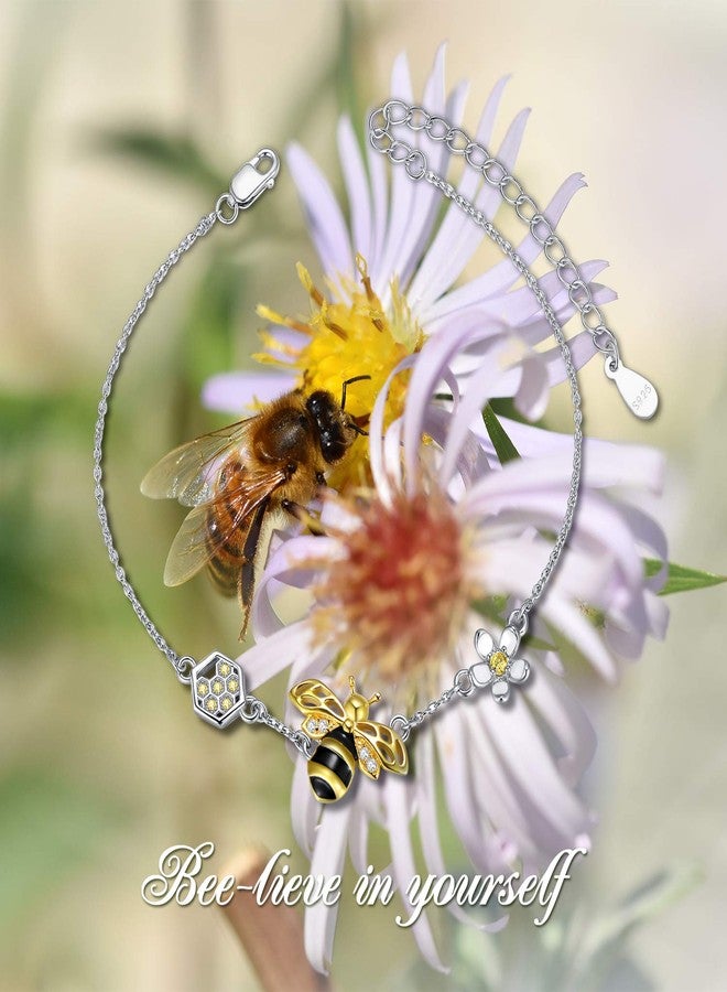 LONAGO 925 Sterling Silver Bumblebee Queen Honey Bee Honeycomb Sunflower Bracelet Daisy Jewelry Adjustable Link Chain Gift for Women Mom - Image 5