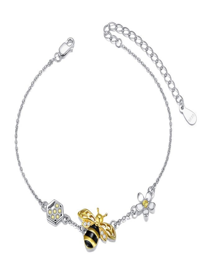 LONAGO 925 Sterling Silver Bumblebee Queen Honey Bee Honeycomb Sunflower Bracelet Daisy Jewelry Adjustable Link Chain Gift for Women Mom - Image 1