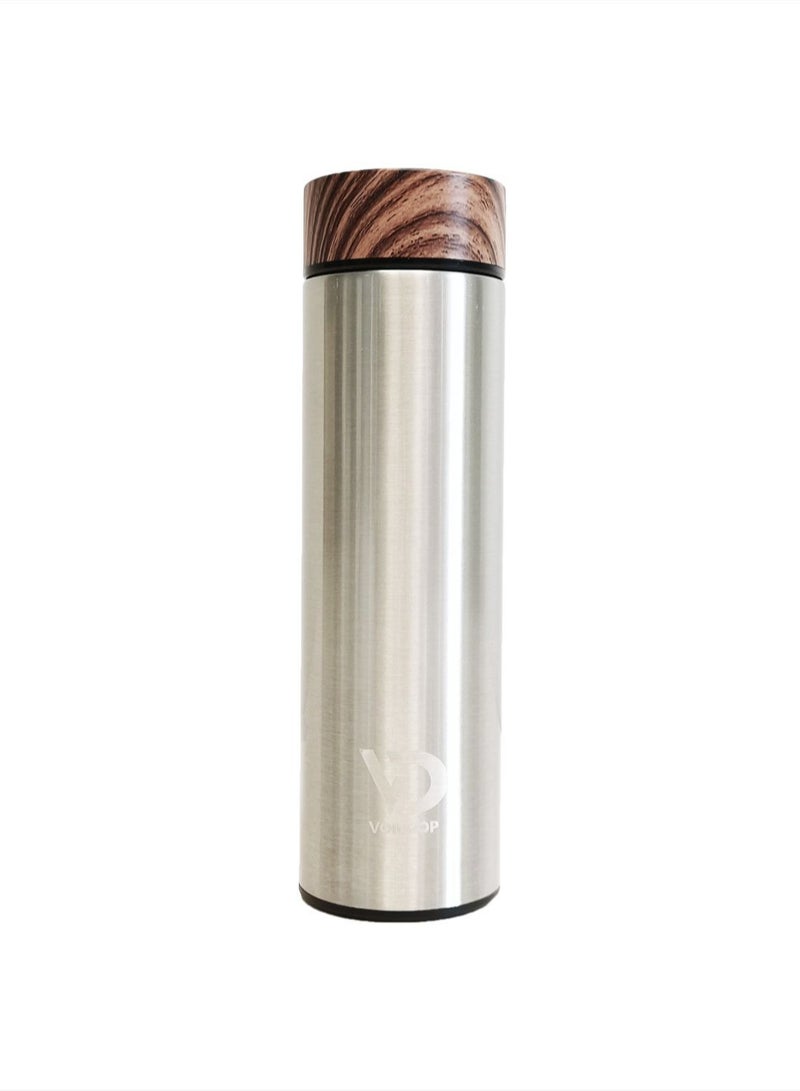 Insulated Water Bottle 16OZ 500ml Stainless Steel Water Bottles Water Bottle With Wooden Design lid Water Filter bottle For Travel School Water Bottle Lightweight Water Bottle (Silver)  - Image 1