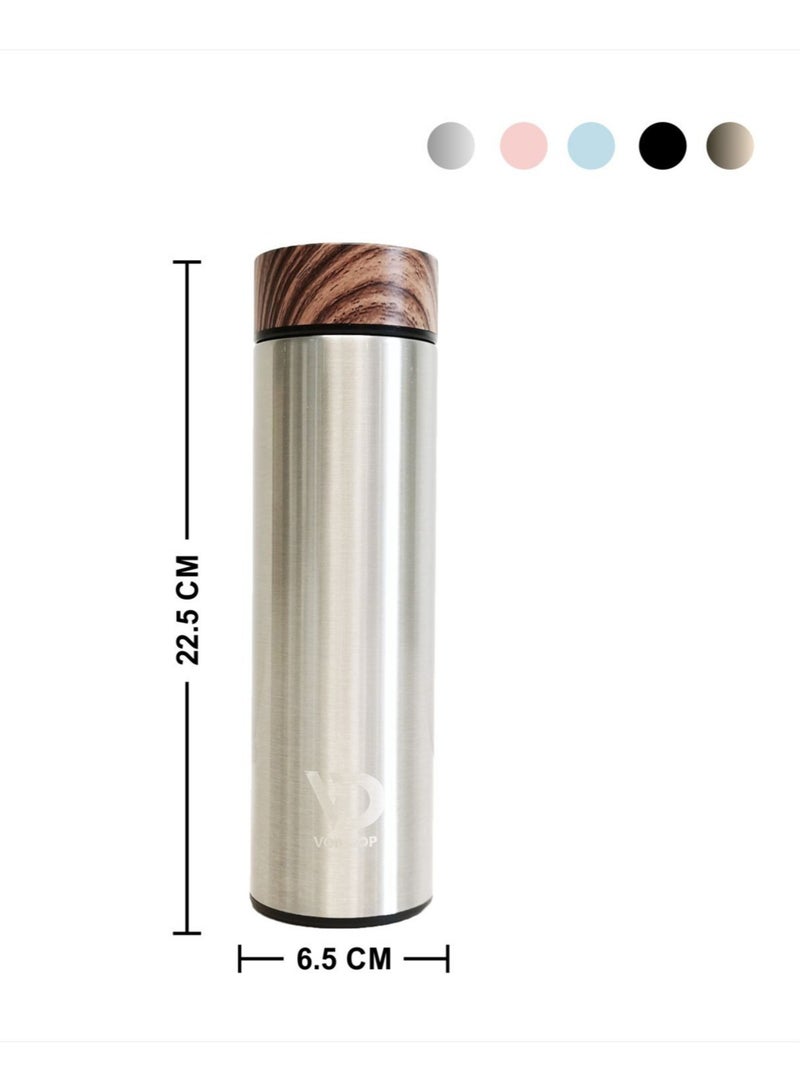 Insulated Water Bottle 16OZ 500ml Stainless Steel Water Bottles Water Bottle With Wooden Design lid Water Filter bottle For Travel School Water Bottle Lightweight Water Bottle (Silver)  - Image 2