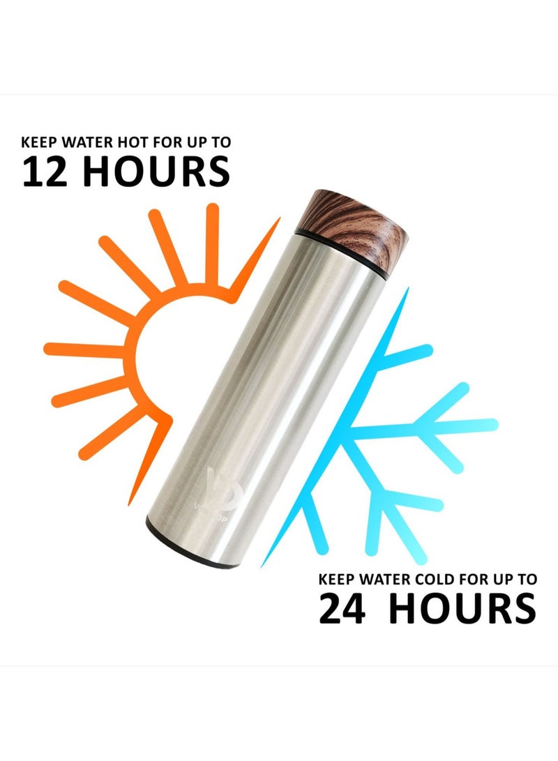 Insulated Water Bottle 16OZ 500ml Stainless Steel Water Bottles Water Bottle With Wooden Design lid Water Filter bottle For Travel School Water Bottle Lightweight Water Bottle (Silver)  - Image 3