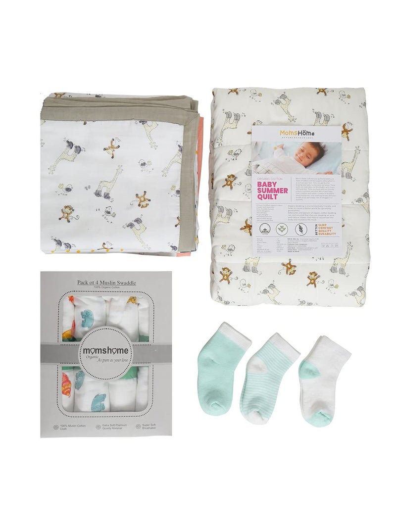 MOM'S HOME MOM'S HOME New Born Organic Cotton Gift Set - 0-1 Year-1 Quilted Quilt & Pack of 4 - Muslin, 1 Muslin Blanket, P3 Socks - Image 1