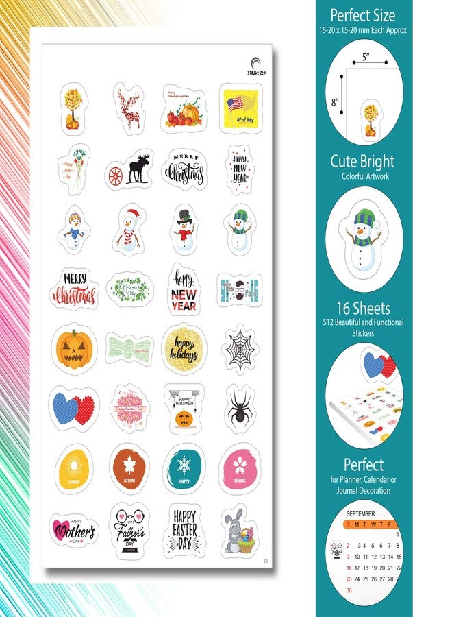 STRIVE ZEN StriveZen Planner Stickers Pack - 512 Cute Stickers, 16 Sheets, Birthday, Self Expression, Doctor Appointment, Productivity, Holiday, Budget, Travel, Health, Daily Chores - Image 2