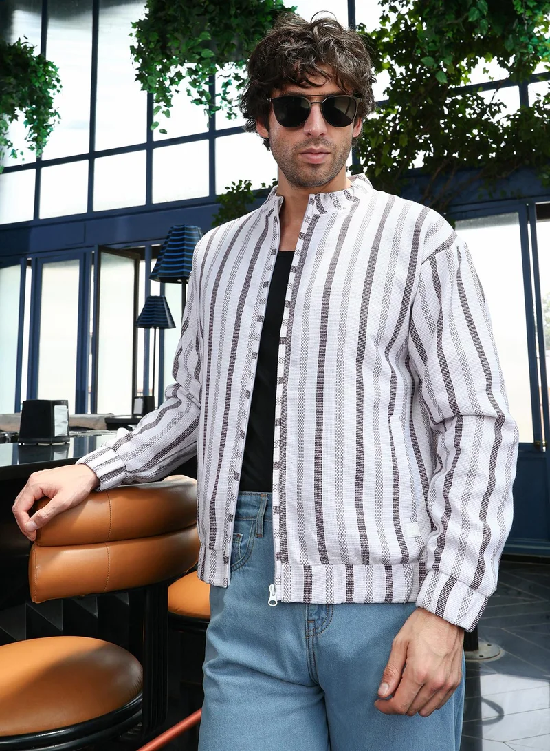 Campus Sutra Men Striped-Dobby Bomber Jacket | Mandarin Collar, Long Stretch-Cuff Sleeves | Zipper , Stretch-Straight Hem | Stripes Dobby | Woven Fabric For Casual & Daily Wear | Chocolate Brown & Chalk White