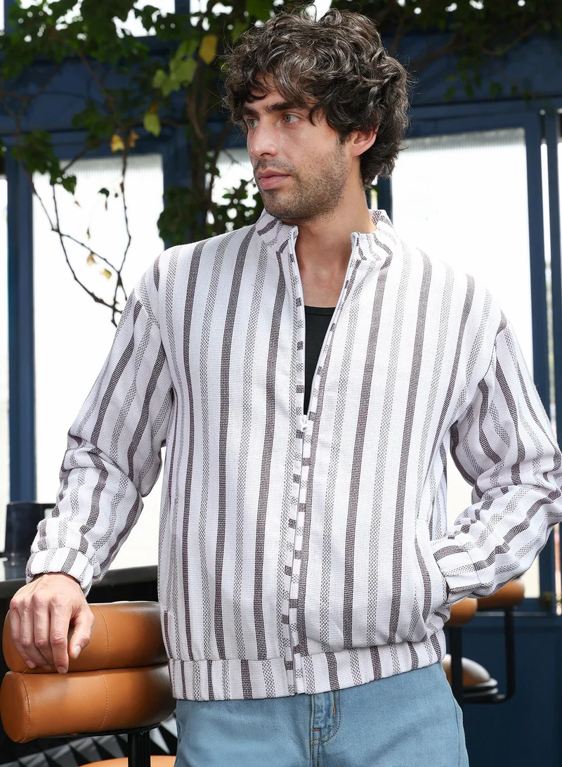 Campus Sutra Men Striped-Dobby Bomber Jacket | Mandarin Collar, Long Stretch-Cuff Sleeves | Zipper , Stretch-Straight Hem | Stripes Dobby | Woven Fabric For Casual & Daily Wear | Chocolate Brown & Chalk White