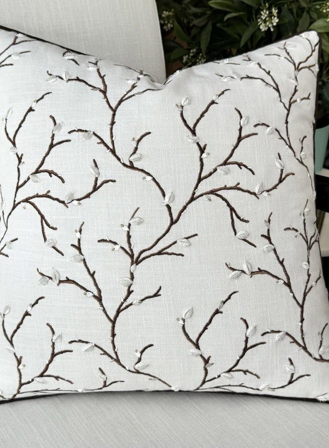 VAGMINE Hand Crafted Embroidered Linen Square Decorative Accent Throw Pillow Cover - for Master Bedroom, New Home, Anniversary, Farmhouse, Couch, Sofa - Willow-Ivory, 18x18 Inches - Image 1