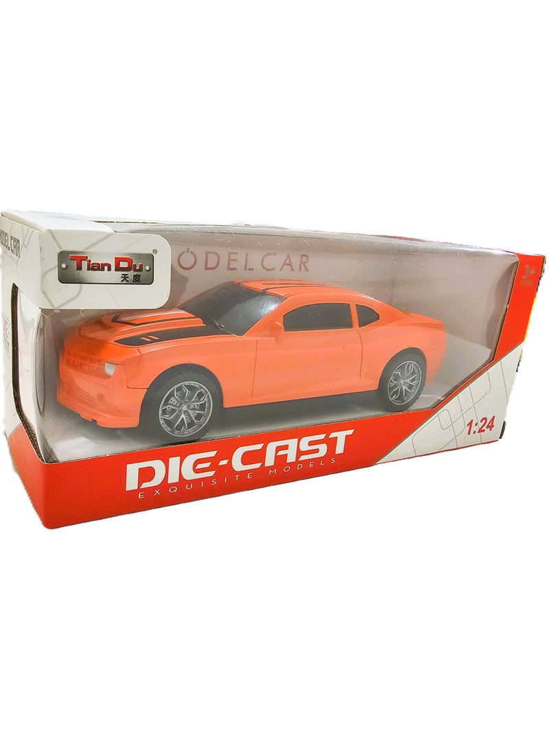 Tian Du 1:24 Scale Die-Cast Orange Sports Car Model With Black Racing Stripes - Collectible Toy Car - Image 3