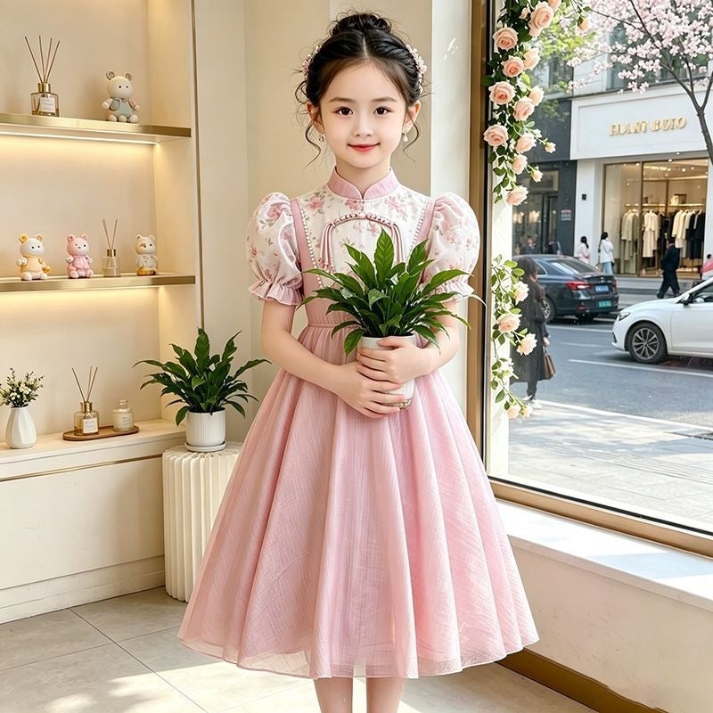 New Chinese-Style Girls'' Dress, Cheongsam, Summer National Style Princess Dress, Puff Sleeves, Over-The-Knee Dress, Sweet Dress for Little Girls - Image 1