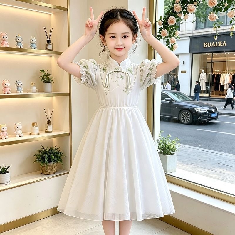 New Chinese-Style Girls'' Dress, Cheongsam, Summer National Style Princess Dress, Puff Sleeves, Over-The-Knee Dress, Sweet Dress for Little Girls - Image 4
