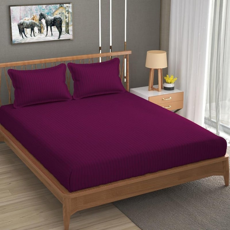 Blue Strip 220 TC Glace Cotton Satin Stripes Plain King Size Bedsheet for Double Bed with Two Pillow Covers for Home/Hotels/Guest House,Size-90x90 Inches(Flat) (Wine) - Image 2