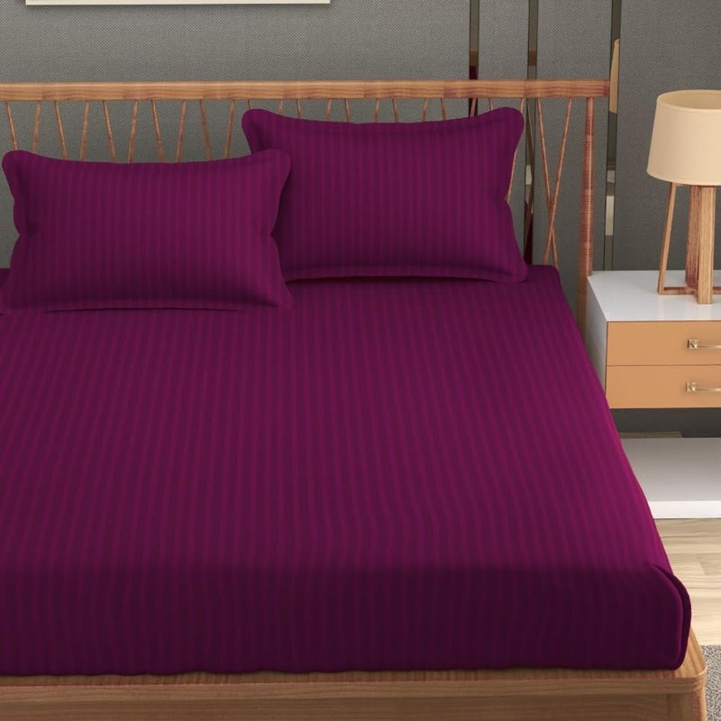 Blue Strip 220 TC Glace Cotton Satin Stripes Plain King Size Bedsheet for Double Bed with Two Pillow Covers for Home/Hotels/Guest House,Size-90x90 Inches(Flat) (Wine) - Image 1