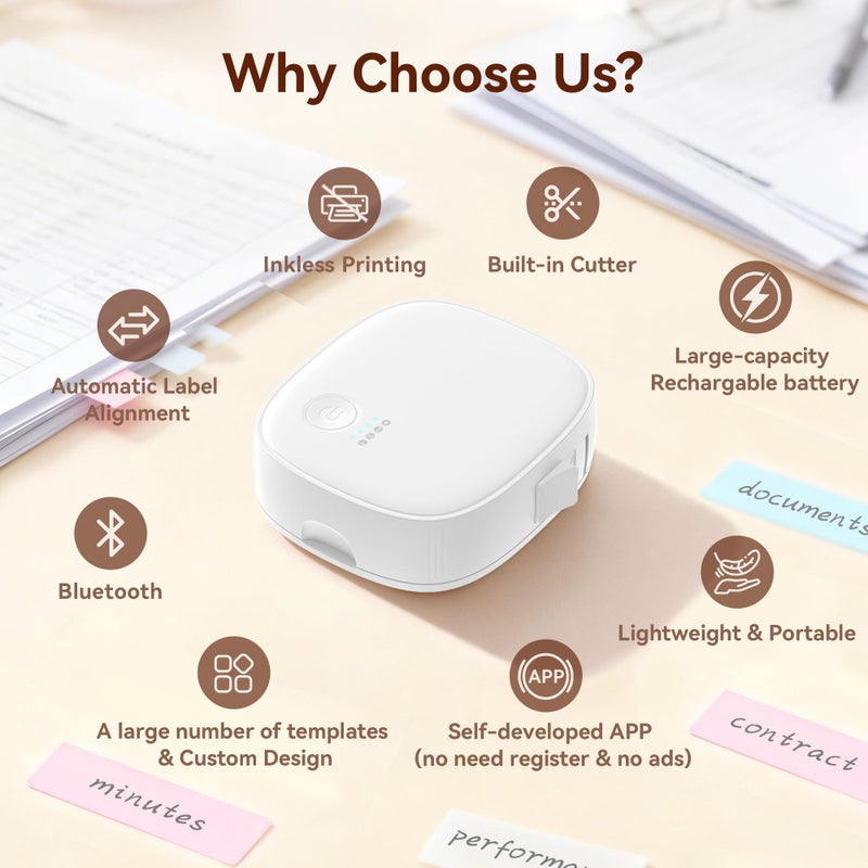 XenGro Mini Label Maker Machine with Tape AH-P05, Portable Bluetooth Mini Label Printer, Wireless Thermal Label Maker, Waterproof & Rechargeable, Built-in Cutter, for Home, Office, Kitchen â€“ White - Image 3