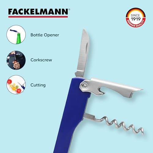 Fackelmann Stainless Steel Multipurpose Anti-Slip Waiters Corkscrew | Equipped with Corkscrew, Bottle Opener and a Serrated Cutter | Strong, Durable & Rust-Resistant | Dishwasher Safe - 15.5 cm, Blue - Image 3