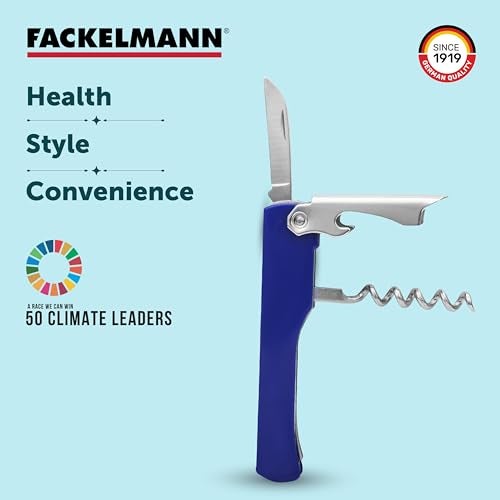 Fackelmann Stainless Steel Multipurpose Anti-Slip Waiters Corkscrew | Equipped with Corkscrew, Bottle Opener and a Serrated Cutter | Strong, Durable & Rust-Resistant | Dishwasher Safe - 15.5 cm, Blue - Image 5