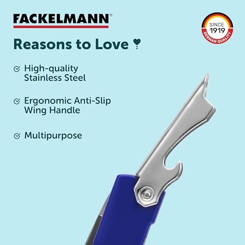 Fackelmann Stainless Steel Multipurpose Anti-Slip Waiters Corkscrew | Equipped with Corkscrew, Bottle Opener and a Serrated Cutter | Strong, Durable & Rust-Resistant | Dishwasher Safe - 15.5 cm, Blue - Image 4
