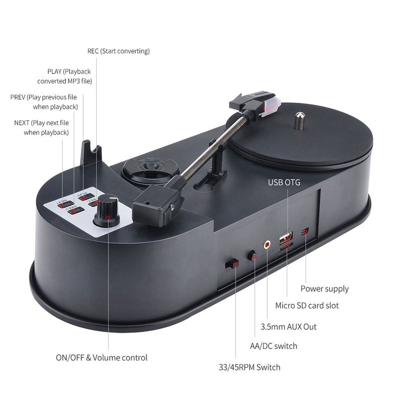 Direct-drive Vinyl to MP3 Converter Turntable to MP3 Adapter to U Disk/ Micro SD Card 3.5mm AUX Port 2 Adjustable Speeds, Black - Image 4
