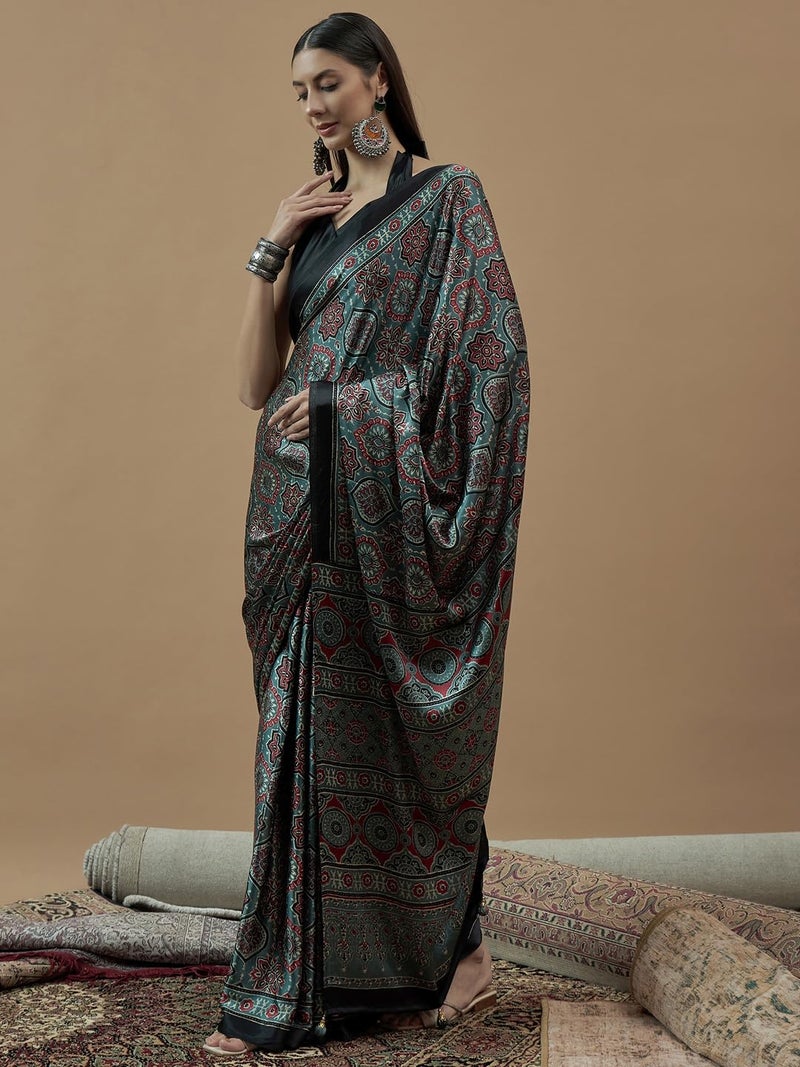 saree mall ساري مول ساري كريب نقي باللون الأخضر البحري للنساء مع بلوزة غير مخيطة (MOHAR709_HS) - Image 4